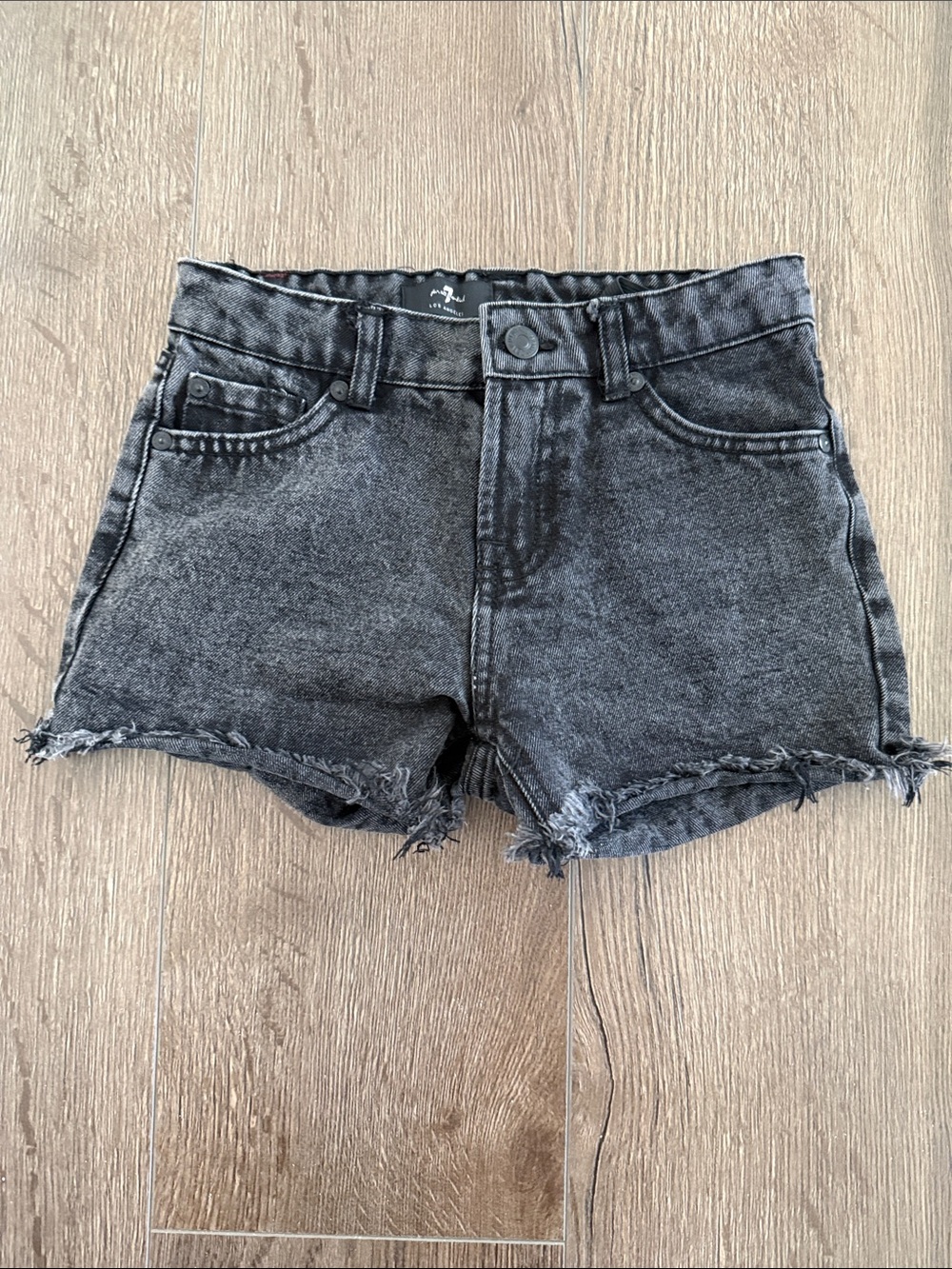 7 For All Mankind Black Washed Distressed Denim Shorts